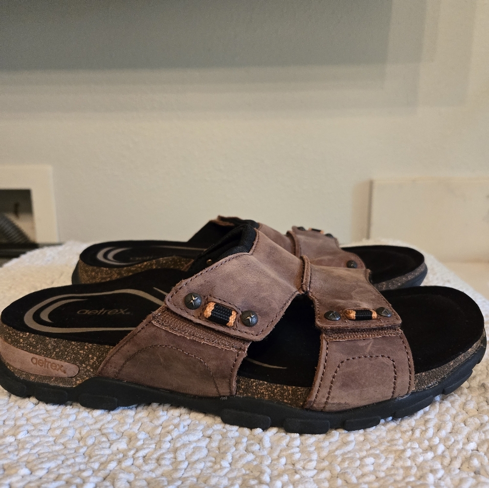 Aetrex Men's Ventura Leather Brown Sandals Arch Support